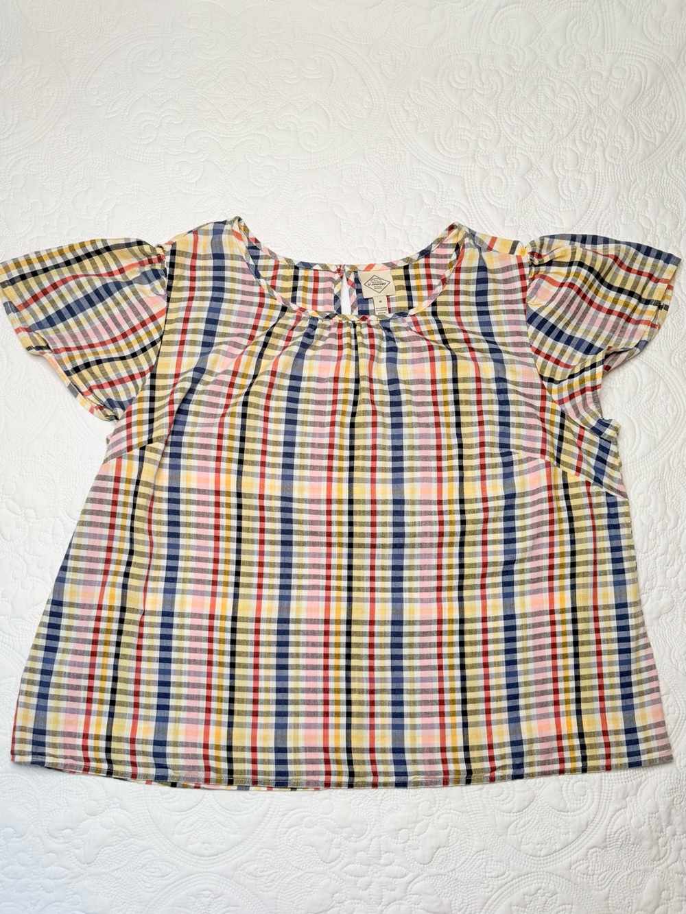 St. John's Bay Plaid Flutter-Sleeve Top - Yellow, Navy, Pink, Cream 1X